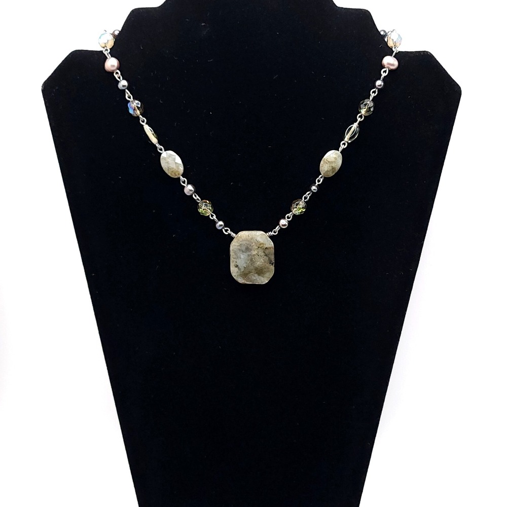 Lia Sophia Vintage Mixed Bead Labradorite Stone Silver Tone Necklace Bohemian
